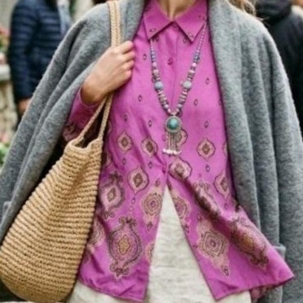 Lg Silk Lore Beth Terrell Magenta Medallion Button Blouse Boho Lagenlook